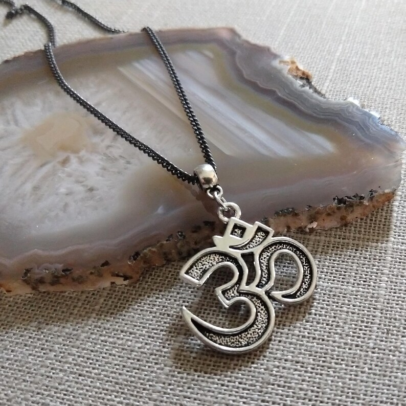 Ohm Pendant on Gunmetal Curb Chain Silver Ohm Necklace Mixed Metals Yoga Jewelry