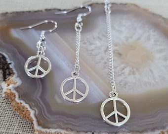 Peace Sign Earrings, Hippie Jewelry, Your Choice of Three Lengths, Dangle Long Chain Earrings