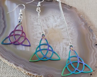 Celtic Knot Earrings, Your Choice of Three Lengths, Long Dangle Drop Chain Earrings, Irish Gaelic Jewelry, Titanium Rainbow Plated