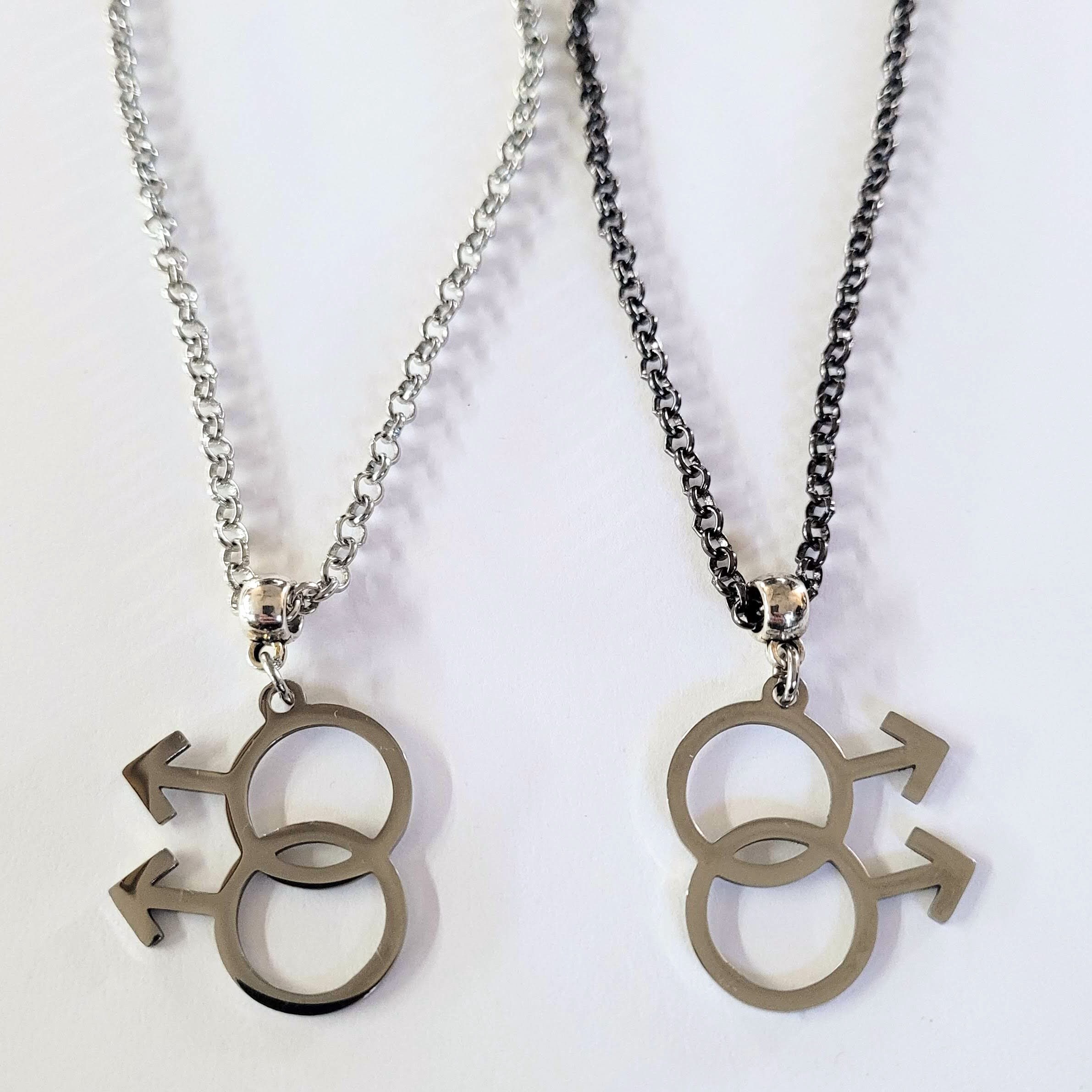 Collier Homme Pendentif Double Mars LGBT | Bijou Gay Lesbienne Fierté | Acier Inoxydable 60cm