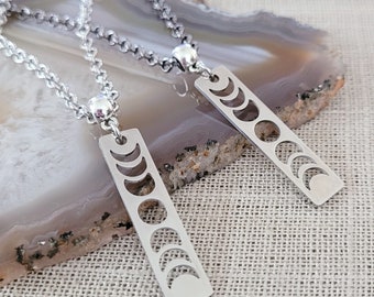 Moon Phase Necklace, Your Choice of Gunmetal or Silver Rolo Chain, Celestial Jewelry, Machine Cut Stainless Steel Charms