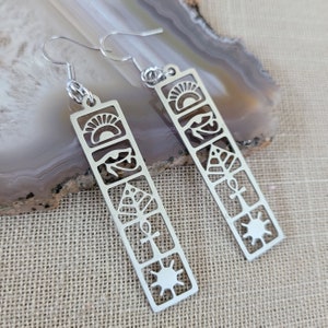 Egyptian Heiroglyphic Earrings, Dangle Drop Earrings, Machine Cut Stainless Steel