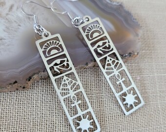 Egyptian Heiroglyphic Earrings, Dangle Drop Earrings, Machine Cut Stainless Steel