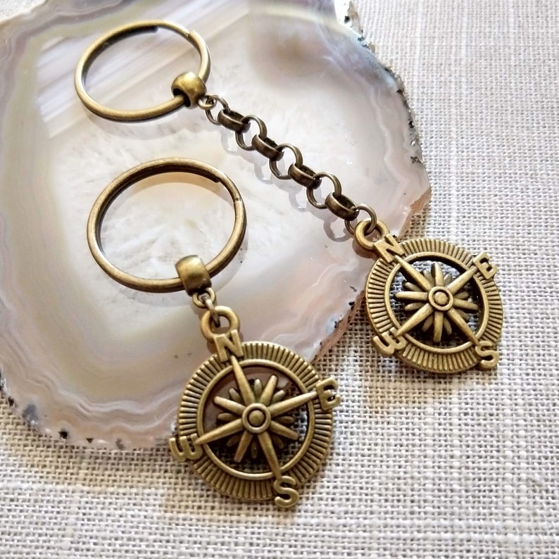 Compass Keychain Bronze Compass Key Chain Mens Keychains Etsy