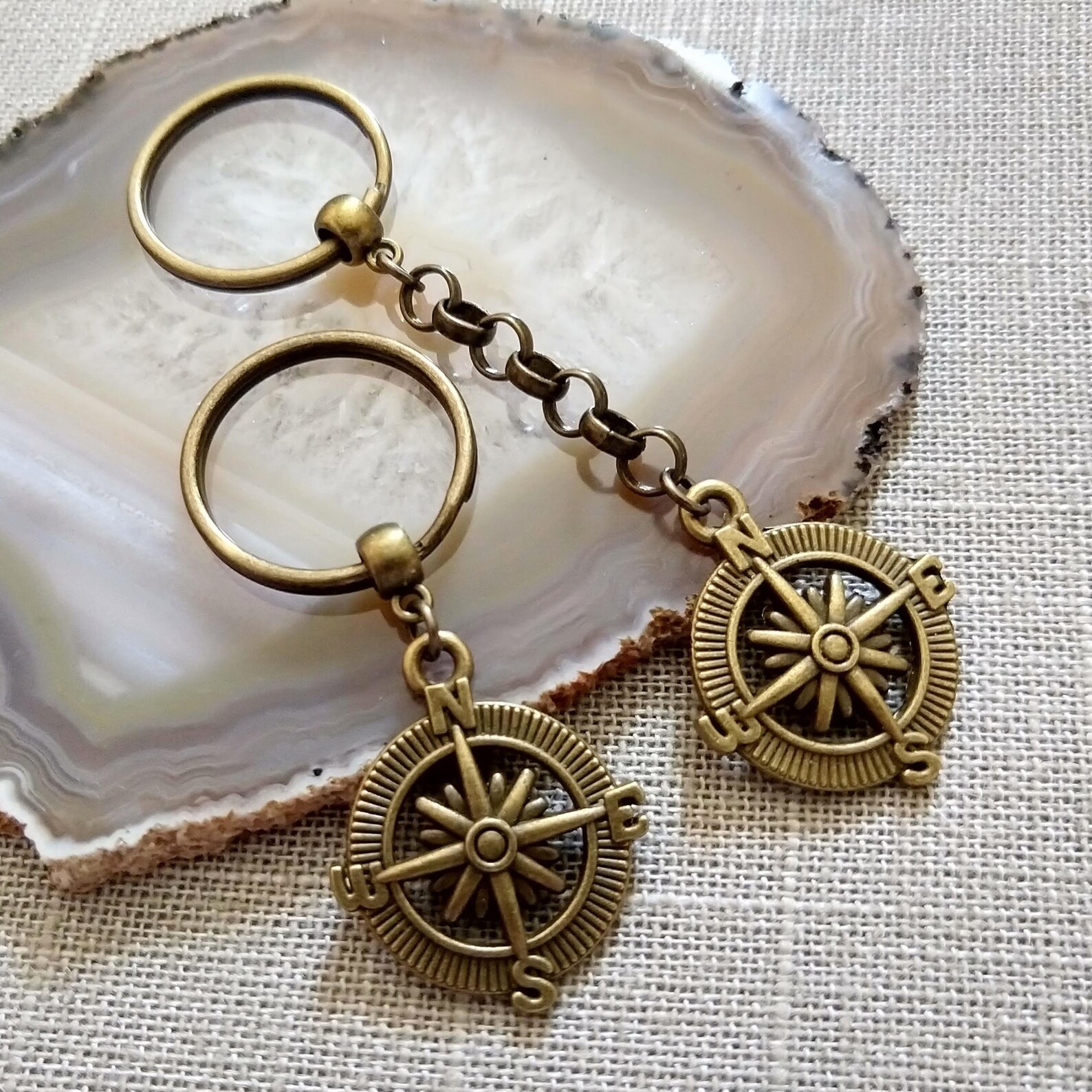 Compass Keychain Bronze Compass Key Chain Mens Keychains Etsy