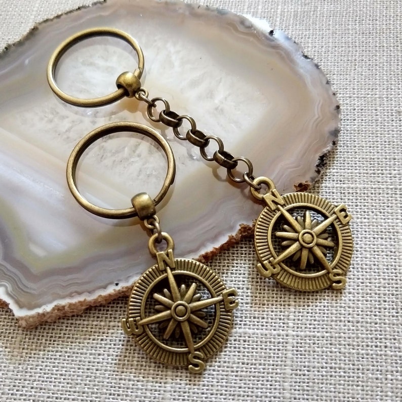 Compass Keychain Bronze Compass Key Chain Mens Keychains Etsy
