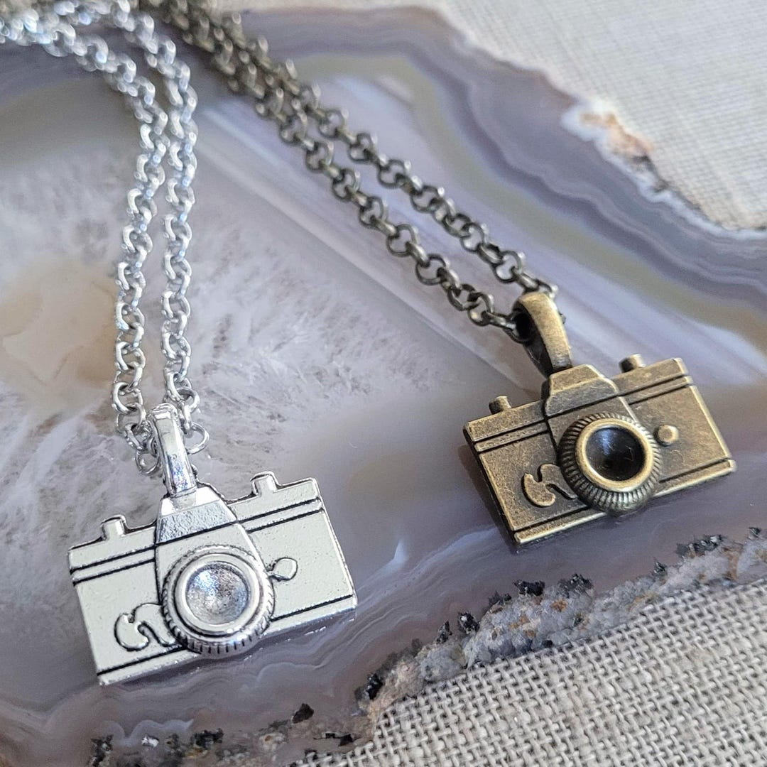 Camera Necklace, Bronze or Silver Pendant on Cable, Curb, Rolo or ...