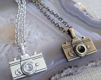 Camera Necklace, Bronze or Silver Pendant on Cable, Curb, Rolo or Satellite Chain