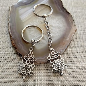 Puede incluir: Dos llaveros plateados con un diseño geométrico. Cada llavero tiene un anillo circular y un dije colgante con un patrón complejo e interconectado de círculos y líneas.