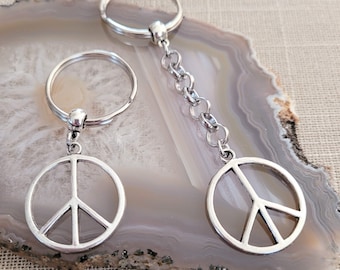 Peace Sign Keychain Key Ring or Zipper Pull, Silver Backpack or Purse Charms