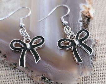 Black Bow Dangle Drop Earrings, Feminine Girly Jewelry