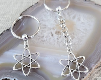 Atom Keychain, Backpack or Purse Charm, Silver Zipper Pull, Gifts for Scientists, Stocking Stuffers