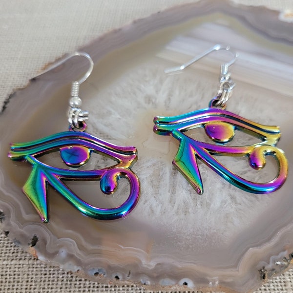 Eye of Ra Earrings, Iridescent Titanium Rainbow Plated,  Dangle Drop Earrings, Egyptian Jewelry