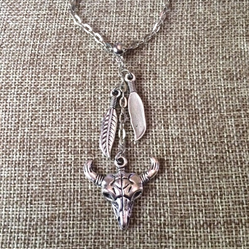 Mens Skull Necklace Skull Pendant Mens Accessories Skull Jewelry Mens Jewelry Longhorn Skull Necklace Feather Necklace