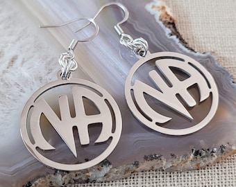 NA Earrings, Narcotics Anonymous Dangle Drop Earrings, Stainless Steel Charms, Sober Sobriety Recovery Jewelry