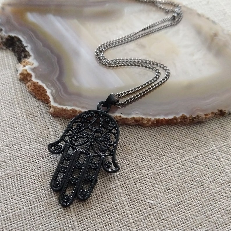 Black Hamsa Necklace, Hand of Fatima Pendant on Thin Gunmetal Chain, Mens Hamsa Necklace image 8