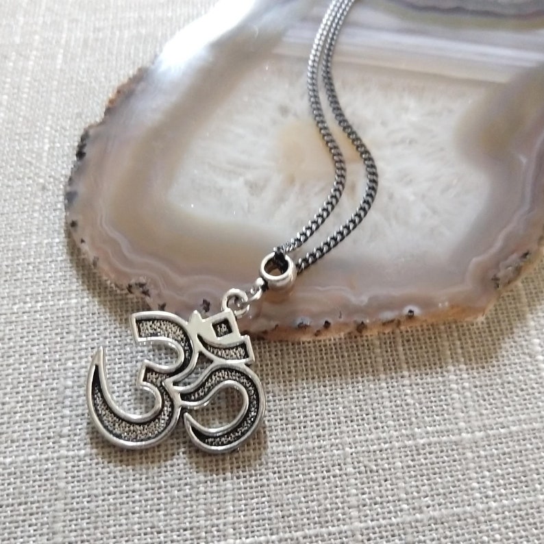 Ohm Pendant on Gunmetal Curb Chain Silver Ohm Necklace Mixed Metals Yoga Jewelry