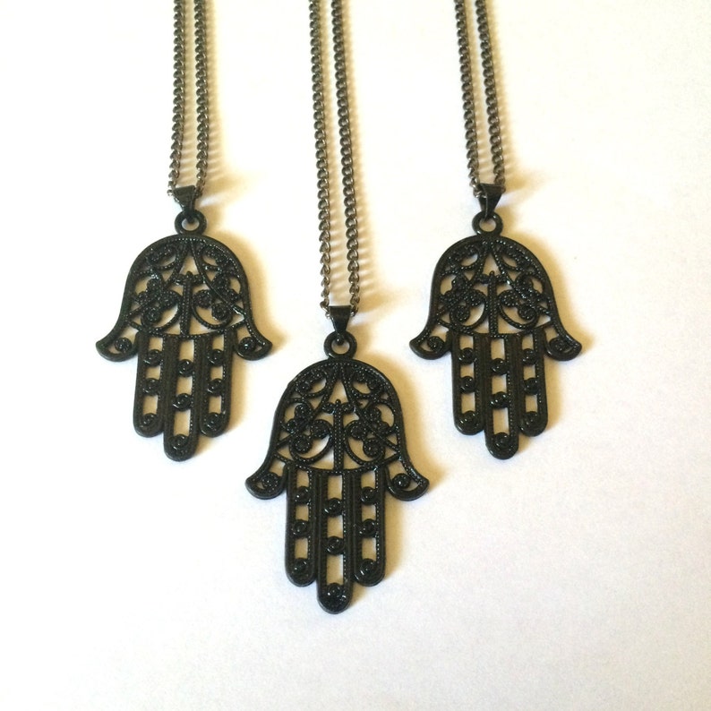 Black Hamsa Necklace, Hand of Fatima Pendant on Thin Gunmetal Chain, Mens Hamsa Necklace image 5