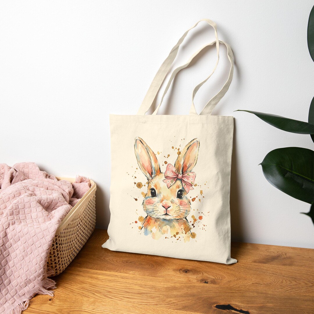 Pixie Rabbit Bag Watercolor Bunny Tote Bag | Cute Rabbit Portrait, Floral Bow - Etsy