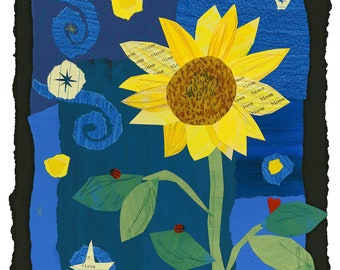 Starry Sunflower Collage Art Print