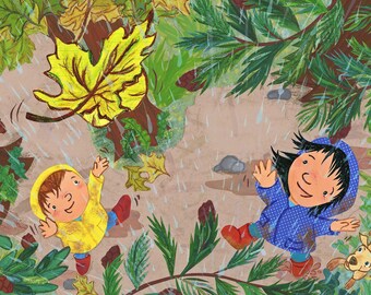 Catching A Leaf Art Print, Kids Illustration