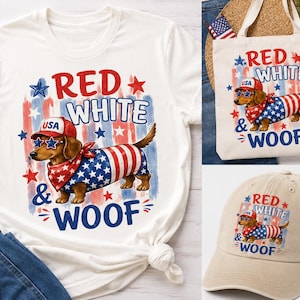 Könnte beinhalten: Weißes T-Shirt, Tragetasche und Baseballkappe mit einem Dackel, der eine Sonnenbrille, ein Halstuch und ein patriotisches Outfit trägt. Der Text lautet "RED WHITE & WOOF" mit Sternen und Streifen.