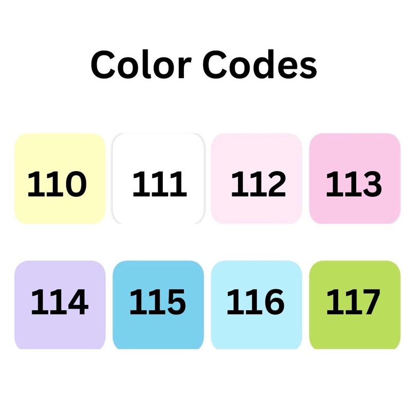 K&ouml;nnte beinhalten: Bild mit Farbfeldern und numerischen Codes. Der Text "Color Codes" steht oben. Die Farbfelder sind in Pastellt&ouml;nen von Gelb, Wei&szlig;, Rosa, Lila, Blau und Gr&uuml;n gehalten, jedes mit einer eindeutigen dreistelligen Zahl.