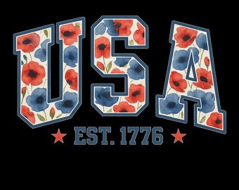 Floral USA PNG, 4th of July Digital Download, Patriotic Design, Cute America Graphic, USA Est. 1776 Clipart, Independence Day Tshirt