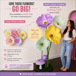 K&ouml;nnte beinhalten: Gezeigt werden riesige Seidenpapierblumen in verschiedenen Farben, darunter Lila, Gelb und Gr&uuml;n. Die Blumen sind in H&ouml;hen von 183 cm und 213 cm erh&auml;ltlich. Das Bild zeigt auch kleinere Seidenpapierblumen und den Text "Go Big!".