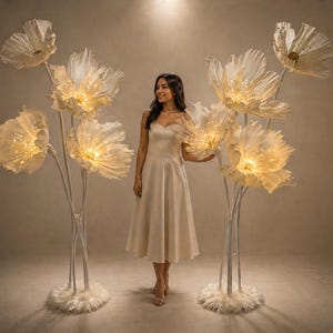 Könnte beinhalten: Eine Frau steht neben zwei großen, weißen blütenförmigen Stehlampen. Die Lampen haben mehrere beleuchtete Blütenblätter und weiße Stiele. Die Basis jeder Lampe ist von weißem Kunstfell umgeben. Die Frau trägt ein cremefarbenes Kleid.