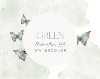 BUTTERFLIES Green Watercolour. Butterflies clipart. Premade clipart. Watercolour clipart. Butterflies wall decor. Butterflies art print set.