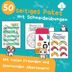 Può includere: Un pacchetto stampabile colorato di 50 pagine con attività di pratica delle forbici per bambini. Il pacchetto include una pagina con le regole di sicurezza per le forbici, un'attività di taglio della pizza e un'attività di taglio del sushi. Le pagine presentano simpatiche illustrazioni di animali.