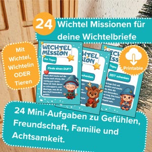 以下が含まれることがあります： ドイツ語のテキストと漫画のキャラクターと星が描かれた3枚のイラストカード。カードには「Wichtel Mission」と「Printable」と書かれています。カードは「24 Mini-Aufgaben zu Gefühlen, Freundschaft, Familie und Achtsamkeit」用です。