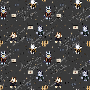 May include: Dark gray fabric featuring a repeating pattern of cartoon dogs dressed in wizard robes. The design includes glasses, wands, envelopes, and stars. The text "Aunty Emy's Designs" is also present.