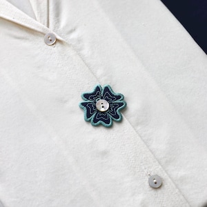 Può includere: Primo piano di un capo bianco con un'applicazione decorativa a forma di fiore. L'applicazione è blu navy con un bordo turchese e un bottone bianco al centro. Due piccoli bottoni rotondi chiudono il capo.