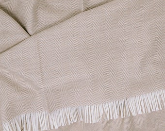 Premium Italian Wool Plaid. Misty. 100% Extra Fine Merino. Double-sided. Beige. Luxurious Home Décor Accent