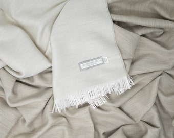 Premium Italian Wool Plaid. Sand. 100% Extra Fine Merino. Double-sided. Ivory & Beige. Luxurious Home Décor Accent