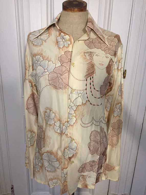 Vintage 1970s floral lady print blouse shirt - image 3