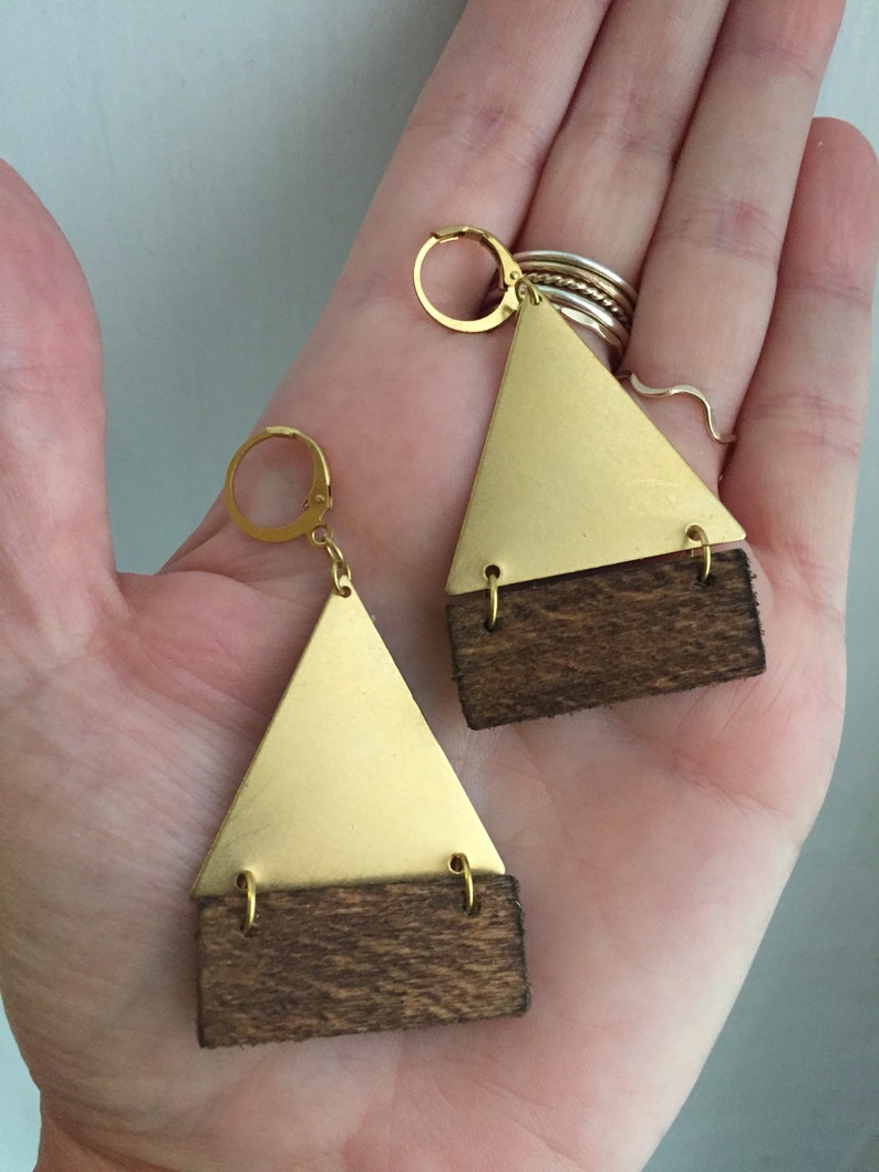Brass triangle with wood earrings