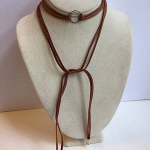 Brown leather wrap choker bolo necklace image 2