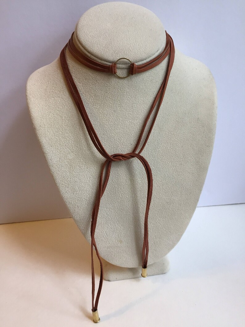 Brown leather wrap choker bolo necklace image 2