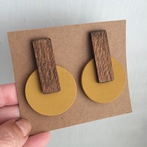 Modern wood mustard yellow statement earrings image 1