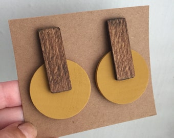 Modern wood mustard yellow statement earrings