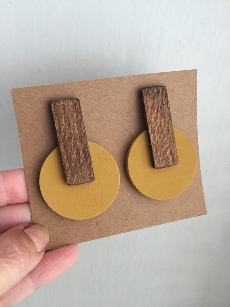 Modern wood mustard yellow statement earrings image 1