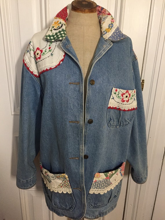 Vintage denim jean chore coat with embroidered emb