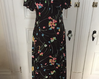 Vintage 1970s black floral maxi dress
