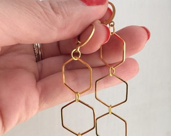 Tri hex brass earrings