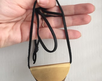 Wood brass triangle on black leather cord necklace