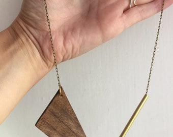 Asymmetrical wood brass necklace