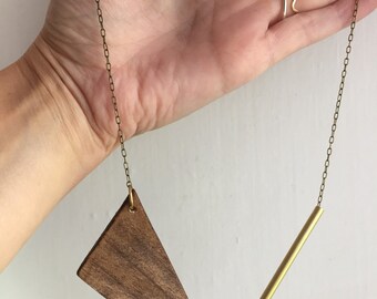 Asymmetrical wood brass necklace
